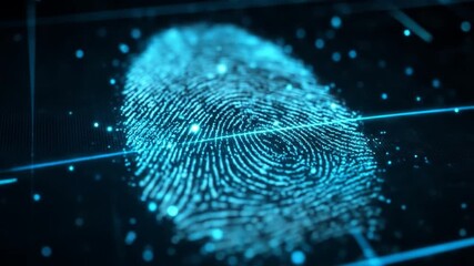 Glowing blue digital fingerprint for biometric security, data protection, and identity verification in a futuristic technology concept. - Powered by Adobe