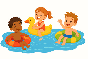 Children swimming with rubber rings cartoon flat vector illustration 3 kids in pool with colorful inflatables playful multicolor palette joyful summer mood.