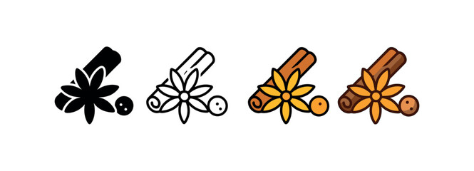 Vector icon seasonal spices thanksgiving same pose same proportions four styles black solid glyph outline minimal flat multicolor filled cartoon flat shaded.