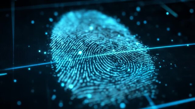 Glowing blue digital fingerprint for biometric security, data protection, and identity verification in a futuristic technology concept. - Powered by Adobe