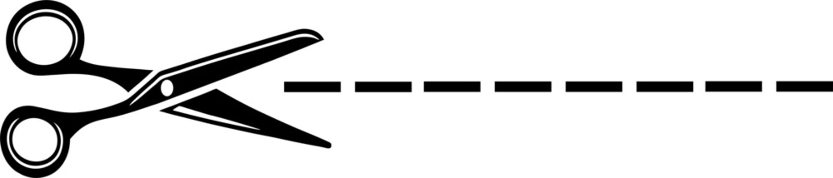 Black scissors cutting along dotted line. Clean minimal design, for concepts of separation and decision making.
