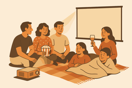 Friends watching outdoor movie night retro flat vector illustration 5 people with projector and blanket muted warm palette cozy festive mood.