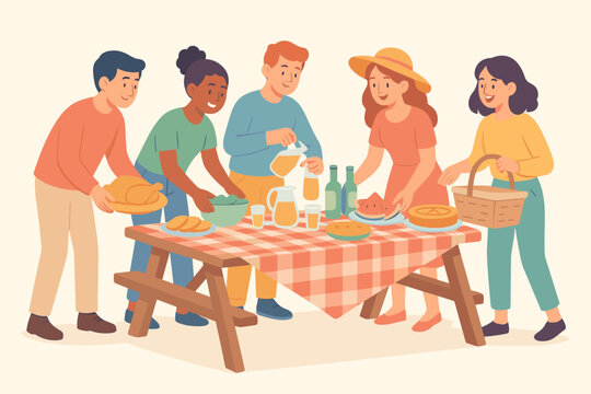 Friends preparing picnic table modern flat vector illustration 5 people arranging food and drinks pastel festive palette cooperative cheerful mood.