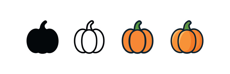 Vector icon pumpkin harvest thanksgiving same pose same proportions four styles black solid glyph outline minimal flat multicolor filled cartoon flat shaded.
