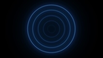 Concentric blue neon circles glowing on a dark black background abstract image