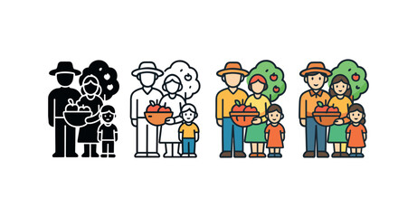 Vector icon family in orchard thanksgiving same pose same proportions four styles black solid glyph outline minimal flat multicolor filled cartoon flat shaded.