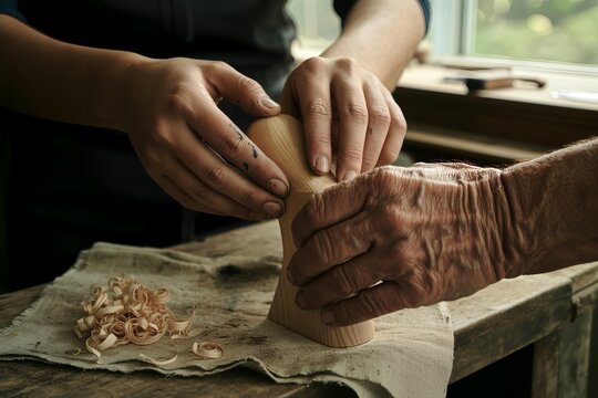 Generational Hands Shaping Wooden Object on a Rustic Workbench, symbolizing craftsmanship, mentorship, and the transfer of traditional skills in a detailed workshop setting.
