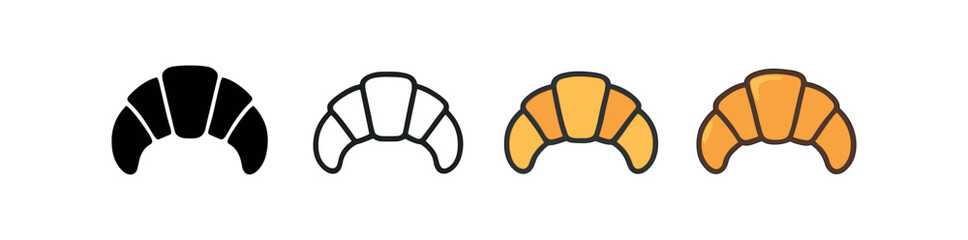 Vector icon butter croissant thanksgiving same pose same proportions four styles black solid glyph outline minimal flat multicolor filled cartoon flat shaded.
