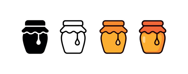 Vector icon honey jar thanksgiving same pose same proportions four styles black solid glyph outline minimal flat multicolor filled cartoon flat shaded.