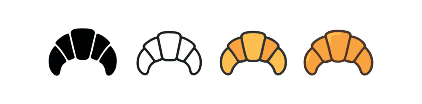 Vector icon butter croissant thanksgiving same pose same proportions four styles black solid glyph outline minimal flat multicolor filled cartoon flat shaded.