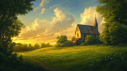 house, sky, landscape, building, church,