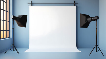 Minimalist photography studio setup featuring softbox lighting and a seamless white backdrop, perfect for portraits and product photography, capturing light and shadow.