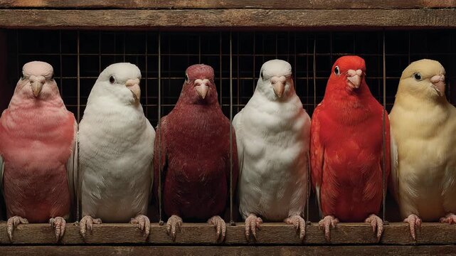 Colorful Pigeon Row: Six Fancy Pigeons in a Cage, Displaying Unique Plumage Variations, Rare Breeds, Selective Breeding, Avian Diversity