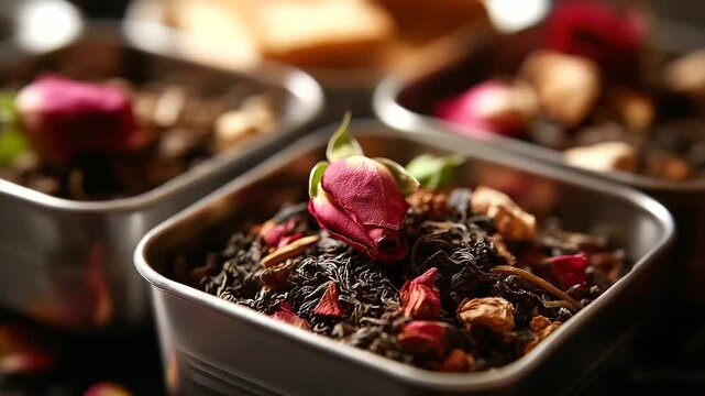 Vivid close up of mixed tea leaves rose petals and herbs carefully placed in metallic trays bright lighting capturing fine details and natural textures atmosphere of refinement