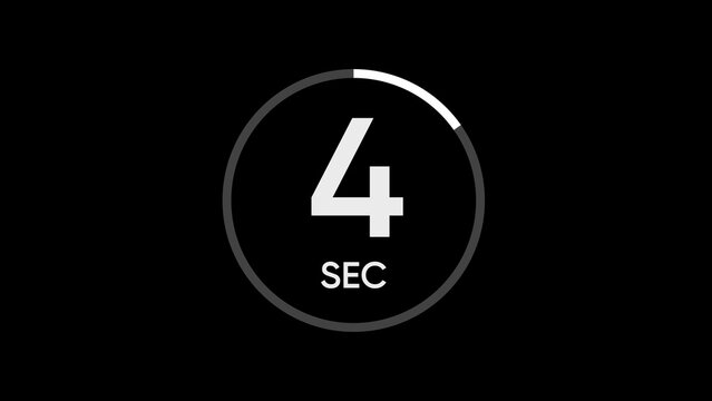 White number 4 and S E C text inside a grey circle with white progress bar on black background countdown