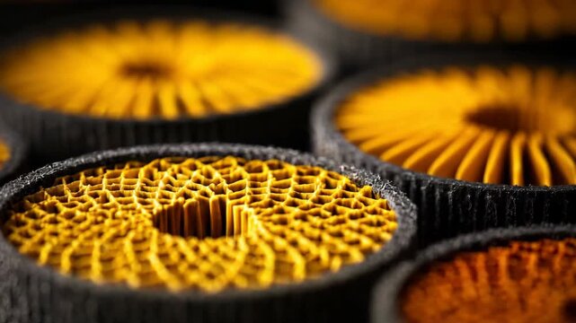 Close-up of Yellow and Black Round Air Filters with Honeycomb and Radial Fin Design for Automotive or Industrial Applications