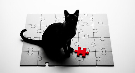 Black cat sitting on gray puzzle with red missing piece creative concept with copy space