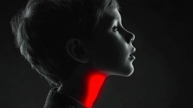 Child with Sore Throat: Profile of Boy with Red Highlighted Throat Indicating Pain, Illness, Infection, or Inflammation on a Dark Background