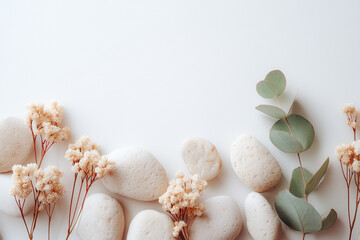 Obraz premium White stones and green branch on white background