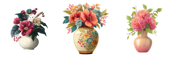 Set of Elegant ceramic vase with a bouquet of pastel roses on transparent png background. Ai generated
