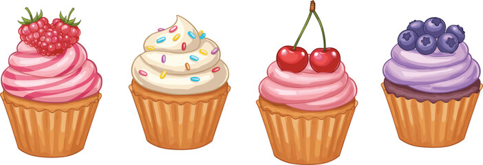 Colorful cupcake dessert set, frosting and topping variations, sweet treat vector illustration, bakery art layout, cad drawing flat vector illustration