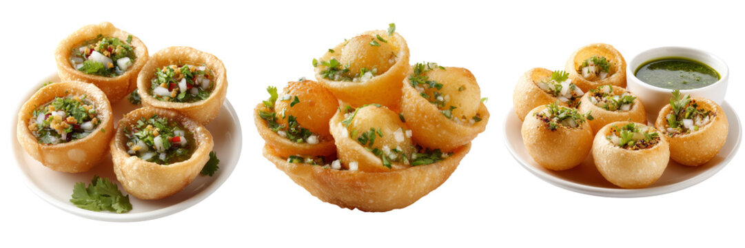 Set of Colorful Pani Puri served with tangy water and chutneys on transparent png background. Ai generated