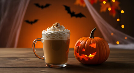 Pumpkin Spice Latte with Whipped Cream and Jack O’Lantern.