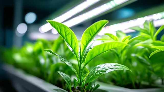 Close up of tea leaves meticulously arranged in rows illuminated by a mix of natural sunlight and industrial lamps details of petals and herbs glowing vividly atmosphere of