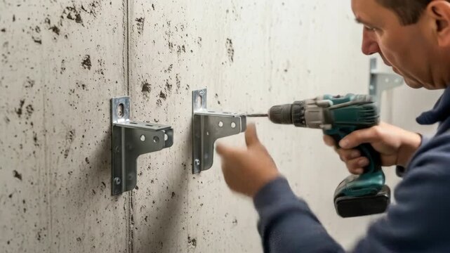 A person uses a drill to install brackets on a textured wall