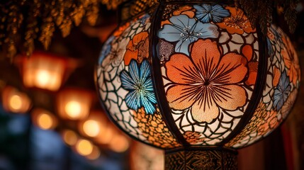Naklejka premium Close-up of flower lantern in Kyoto, soft light glows, delicate petals in serene beauty.