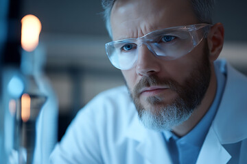 Fototapeta premium Focused scientist in lab coat and safety glasses, intensely observing scientific work with concentration and determination, surrounded by lab equipment.