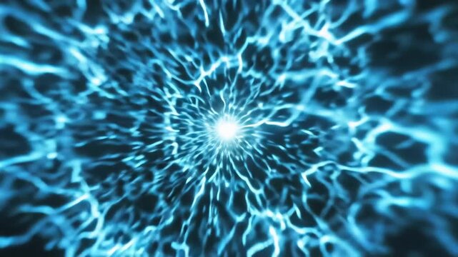 Fondo abstracto Explosi&oacute;n de energ&iacute;a y rayos de luz azul en fondo negro.