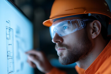 Focused engineer wearing a safety helmet and protective glasses reviews blueprints on a screen. His sharp gaze suggests meticulous planning and dedication to the project.