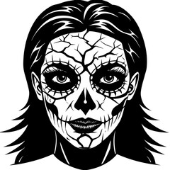Woman with skull face paint and dark hair silhouette isolated on white background