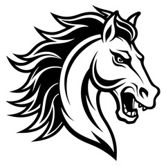 Aggressive horse head silhouette with flowing mane isolated on white background silhouette