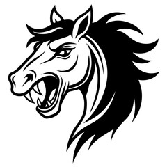 Fierce black horse head silhouette with wild mane isolated on white background