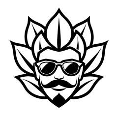 Stylish man with mustache sunglasses and leafy halo silhouette isolated on white background