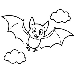 Cute cartoon bat flying among clouds silhouette isolated on white background