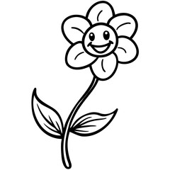 Happy cartoon flower with smiling face silhouette isolated on white background