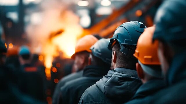 A diverse crew of hot metal cleaners gathered near heavy industrial equipment protective helmets visors and gloves reflecting the glow of molten steel thick atmosphere of heat