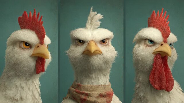 Three Angry Cartoon Chickens with Different Expressions, White Feathers, Red Combs, and a Bandana, Against a Teal Background.
