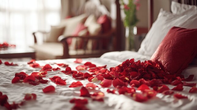 A bed with red rose petals scattered all over it. The bed is in a hotel room and the red rose petals are arranged in a way that it looks like a romantic gesture