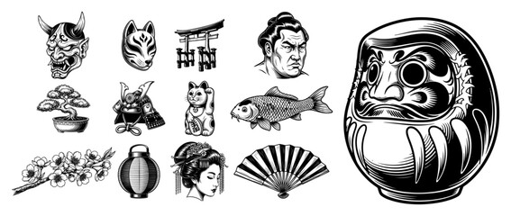 Japanese culture vector icons set — daruma doll, oni mask, torii gate, koi fish, geisha fan