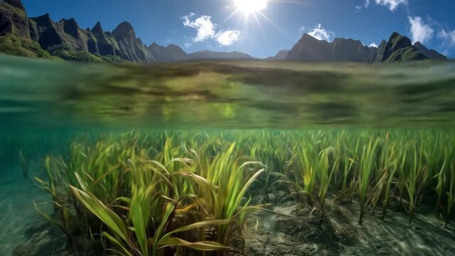 Pristine tropical over-under view with lush green seagrass beds, clear ocean, and majestic sunlit mountains and sky.