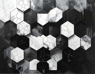 A monochrome abstract pattern created from hexagon shapes in a mosaic design. The surface has various textures and shades
