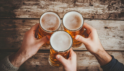 Top-down overhead view of three hands holding beer glasses in a toast over rustic wooden table, golden lager beer with white foam