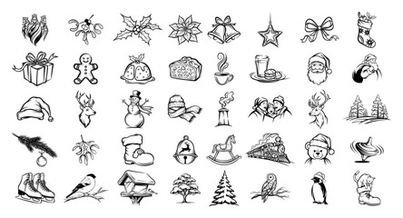 Naklejka premium Christmas and winter doodle icons — black hand-drawn vector set of holiday elements