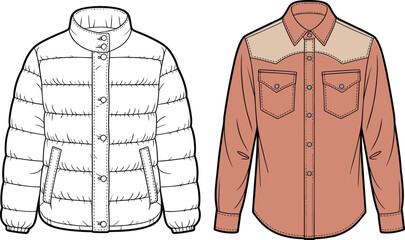 Cad drawing flat vector illustration of puffer jacket and western shirt, fashion outerwear design, technical garment sketch, apparel template