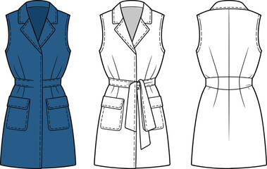 Cad drawing flat vector illustration of sleeveless trench dress front and back view, fashion garment sketch, technical apparel template