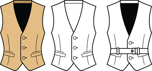 Cad drawing flat vector illustration of vest front views, fashion garment sketch, technical clothing design, tailored apparel template layout